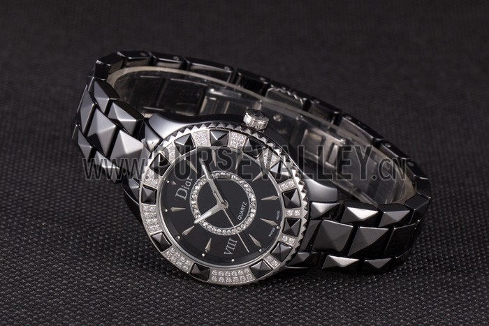 Dior VIII Diamond Encrusted Black Bezel Black Bracelet cd09 621362