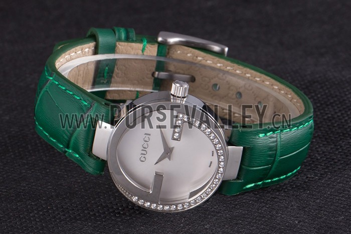 Gucci Interlocking Silver Bezel with Diamonds and Green Leather Band 621515