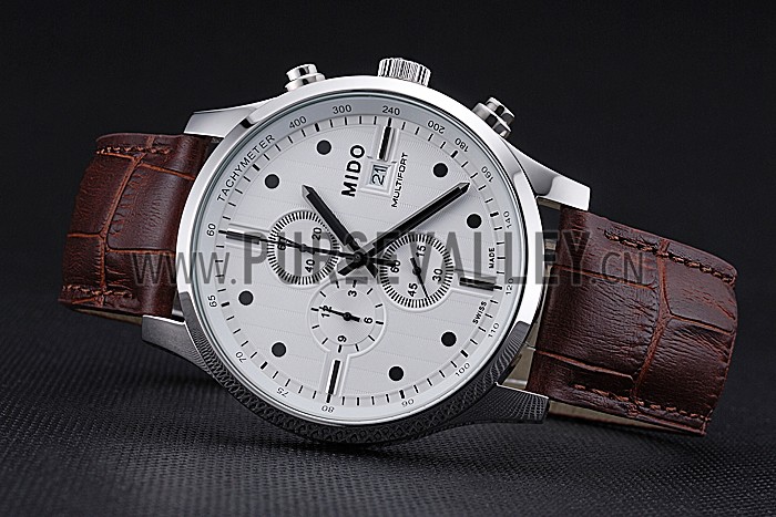 Mido Multifort Cronograph All White & Black Dial Brown Leather Strap 622183
