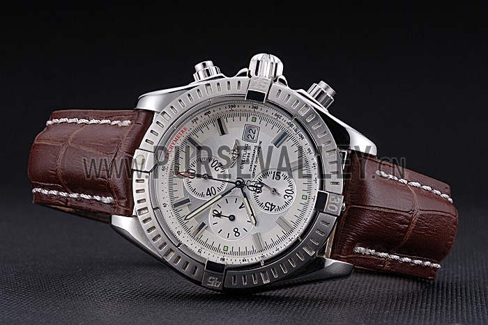 Breitling Chronomat 13 Stainless Steel Case White Dial Brown Leather Bracelet 622239