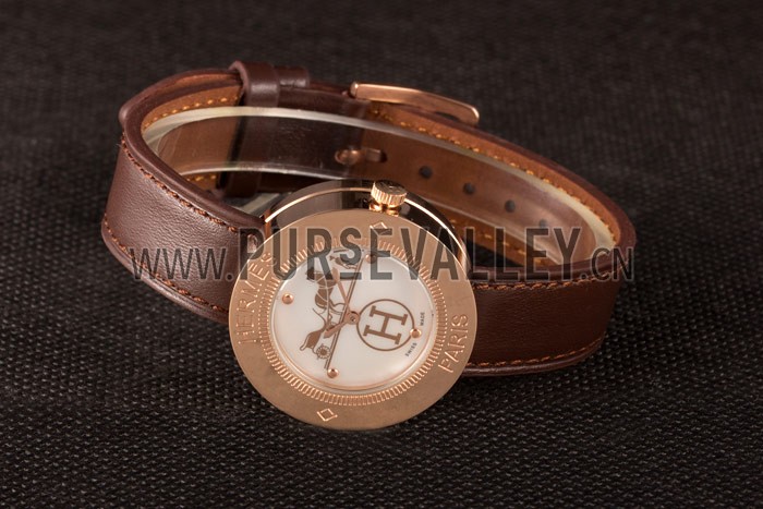 Hermes Classic MOP Dial Brown Leather Bracelet 801389