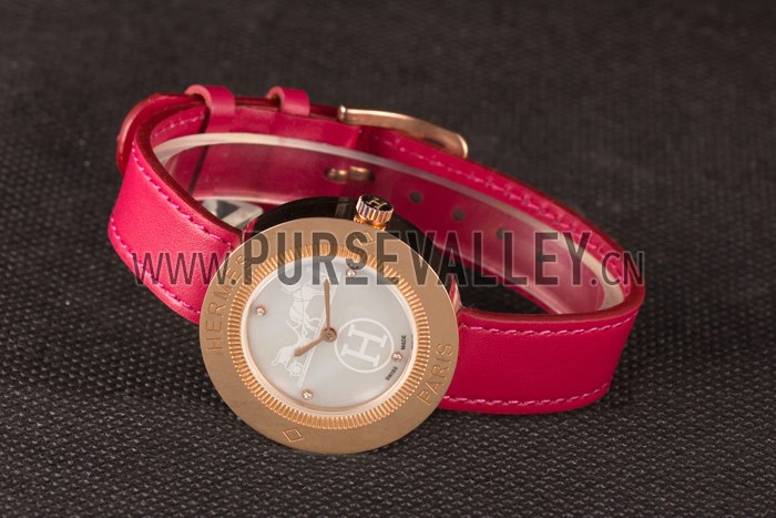 Hermes Classic MOP Dial Magenta Leather Bracelet 801388