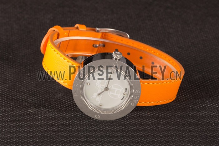 Hermes Classic MOP Dial Orange Leather Bracelet 801390