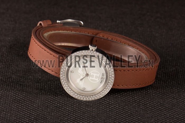 Hermes Classic MOP Dial Brown Elongated Leather Bracelet 801393