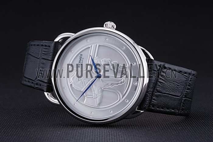 Hermes Classic Croco Leather Strap Silver Dial 801400