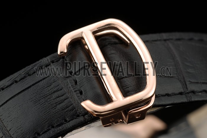 Cartier Calibre Black Dial Gold Case Black Leather Bracelet