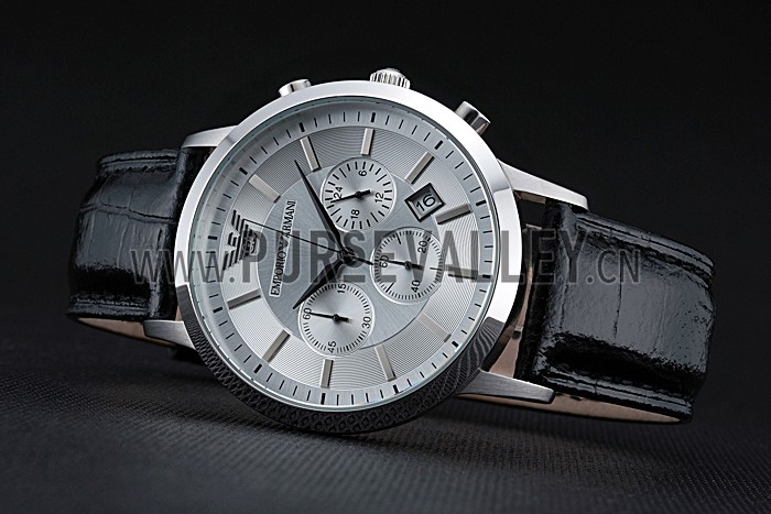 Emporio Armani Classic Chronograph Silver Dial Black Leather Bracelet 622339