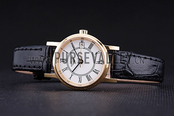 Longines La Grande Classique White Round Dial Gold Case Black Leather Band Small 622383