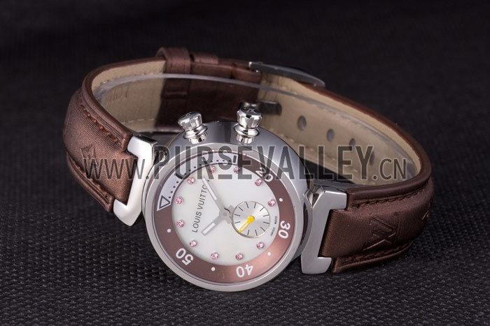 Louis Vuitton Tambour Brown Leather Bracelet White Dial 801420
