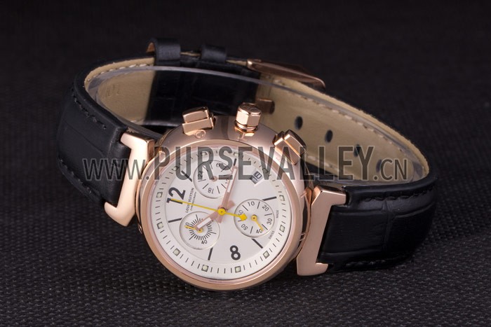 Louis Vuitton Tambour Black Leather Bracelet White Dial 801418