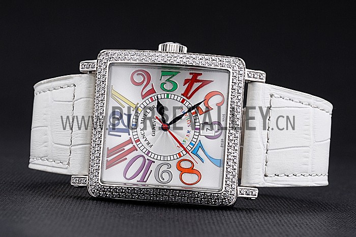 Franck Muller Master Square Color Dreams Diamonds Case White Leather Band 622356