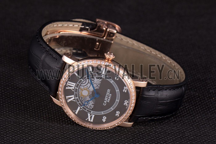 Cartier Moonphase Rose Gold Watch with Black Leather Band ct251 621370