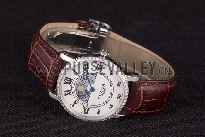 Cartier Moonphase Silver Watch with Brown Leather Band ct256 621375