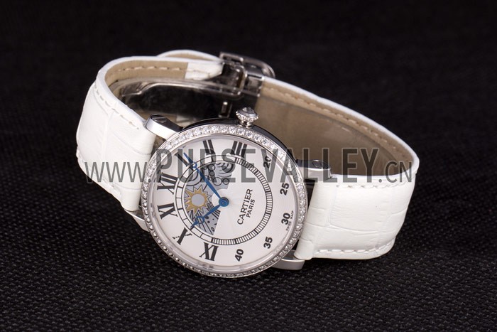 Cartier Moonphase Silver Watch with White Leather Band ct257 621376