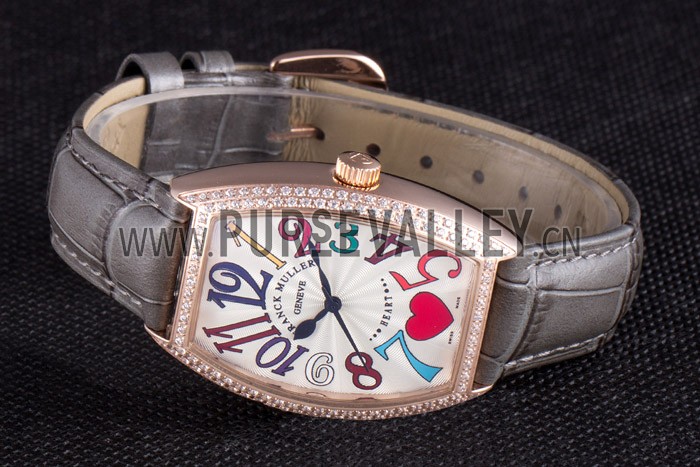 Franck Muller Heart Diamond Gold Bezel Grey Leather Band 621591