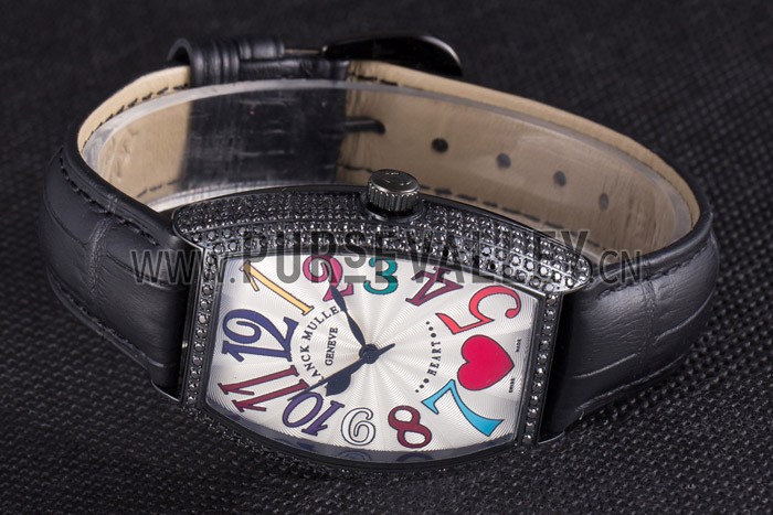 Franck Muller Heart Diamond Silver Bezel Black Leather Band 621595