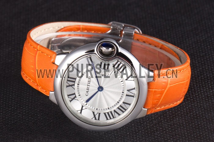 Cartier Ballon Bleu Silver Bezel with White Dial and Orange Leather Band 621550