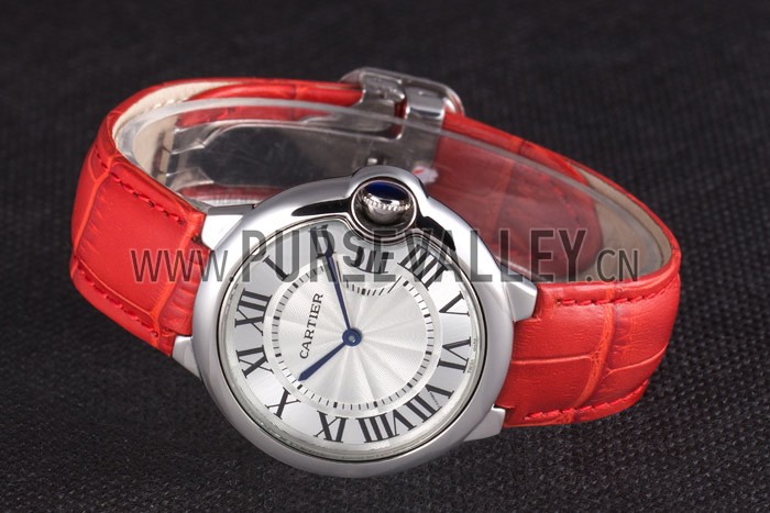 Cartier Ballon Bleu Silver Bezel with White Dial Red Leather Band 621551