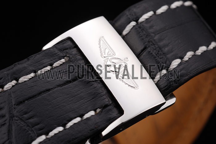 Breitling Transocean Black Dial Black Leather Strap Polished Stainless Steel Bezel