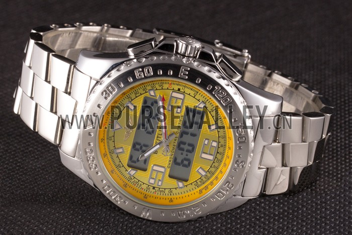 Breitling Certifie Yellow Dial Stainless Steel Strap Rose Gold Bezel