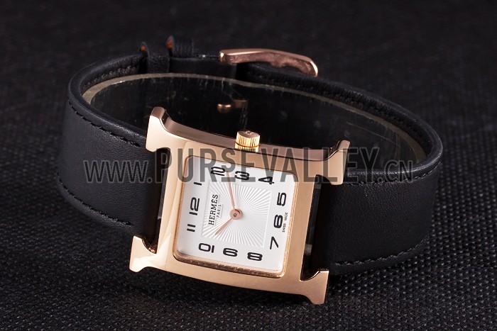 Hermes Heure H Rose Gold Bezel Black Leather Strap White Dial 80235