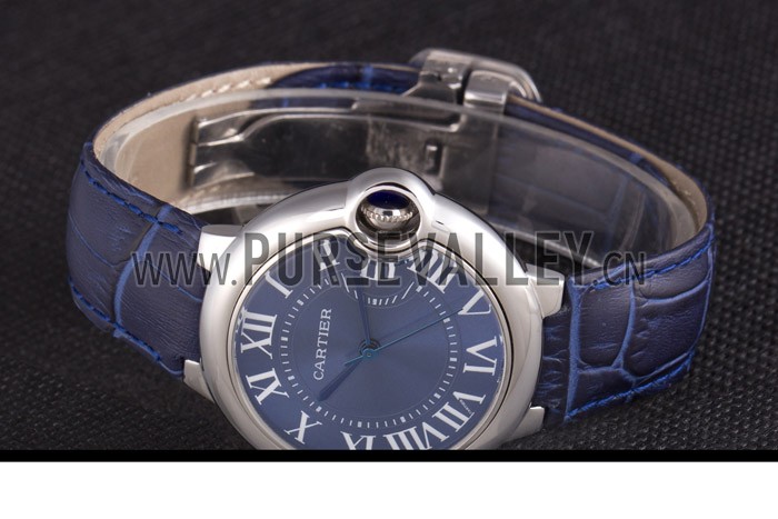 Cartier Ballon Bleu Silver Bezel with Dark Blue Dial and Dark Blue Leather Band 621555