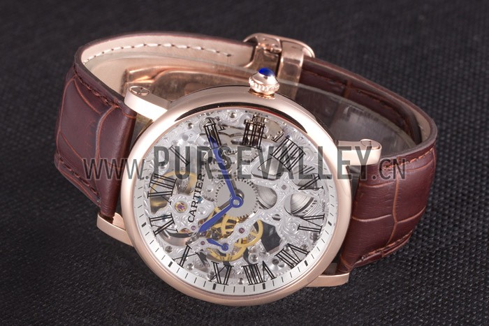 Cartier Luxury Skeleton Watch with Rose Gold Bezel and Brown Leather Band 621557