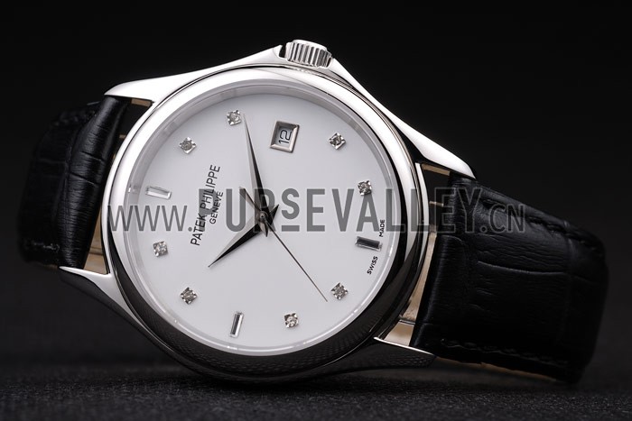 Patek Philippe Geneve Calatrava Crystal Studded Hour Marker White Dial Black Leather Strap