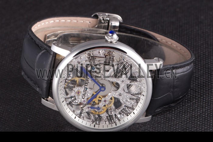 Cartier Luxury Skeleton Watch with Silver Bezel and Black Leather Band 621559