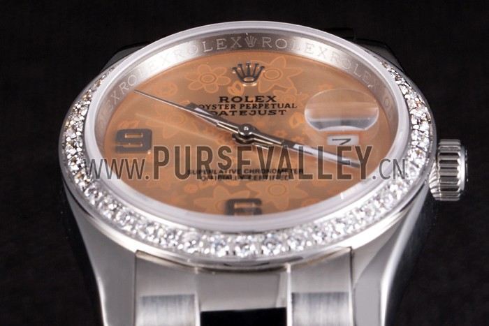 Rolex Datejust Polished Stainless Steel Orange Flowers Dial Diamond Plated