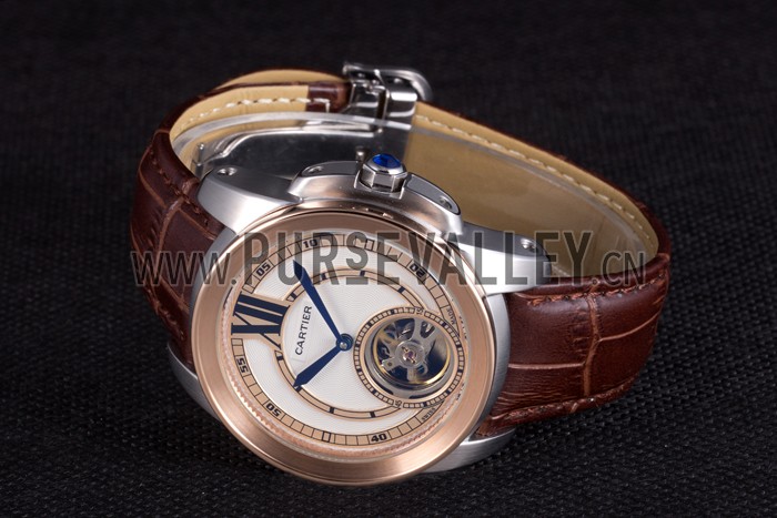 Cartier Calibre Flying Tourbillon White Dial Two Tone Case Brown Leather Bracelet