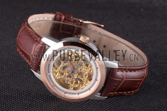 Vacheron Constantin White Skeleton Watch with Rose Gold Bezel and Brown Leather Strap 621539