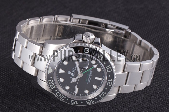 Rolex GMT Stainless Steel Bracelet with Black Enamel Bezel and Black Dial 621571