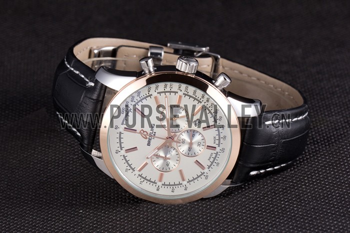Breitling Transocean White Dial Black Leather Strap Rose Gold Bezel 98205