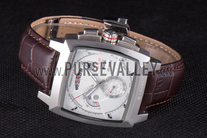 Tag Heuer Monaco Brushed Stainless Steel Case White Dial Brown Leather Strap 98173