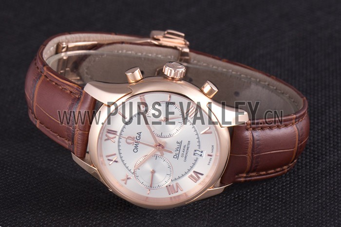 Omega DeVille Rose Gold Bezel with White Dial and Brown Leather Strap 621570