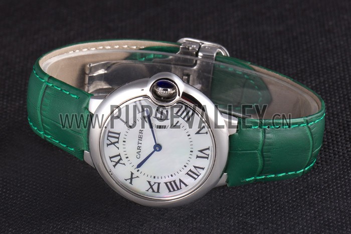 Cartier Ballon Bleu Silver Bezel with Pearl Dial Green Leather Band 621552
