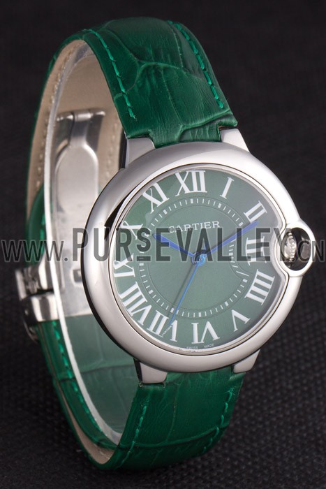 Cartier Ballon Bleu Silver Bezel with Green Dial and Green Leather Band 621553