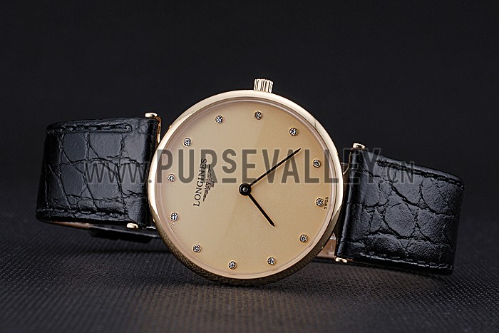 Longines La Grande Classique Champagne Dial Black Leather Band Diamond Markers Homme 622121