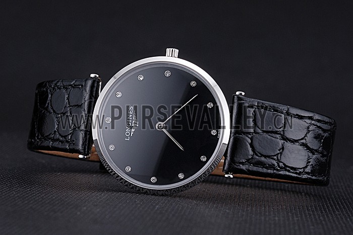 Longines La Grande Classique Black Dial Black Leather Band Diamond Markers Homme 622129