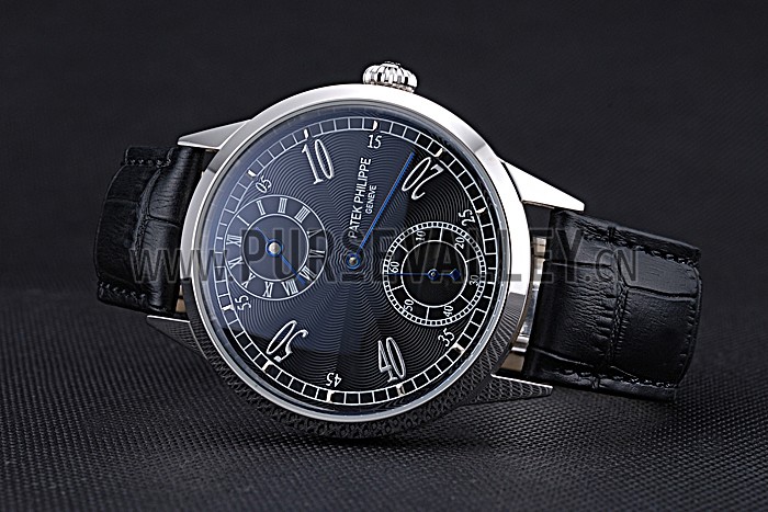 Patek Philippe Geneve Two Dial Black Dial Stainless Steel Bezel Black Leather Band 622145