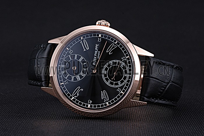 Patek Philippe Geneve Two Dial Black Dial Rose Gold Bezel Black Leather Band 622146