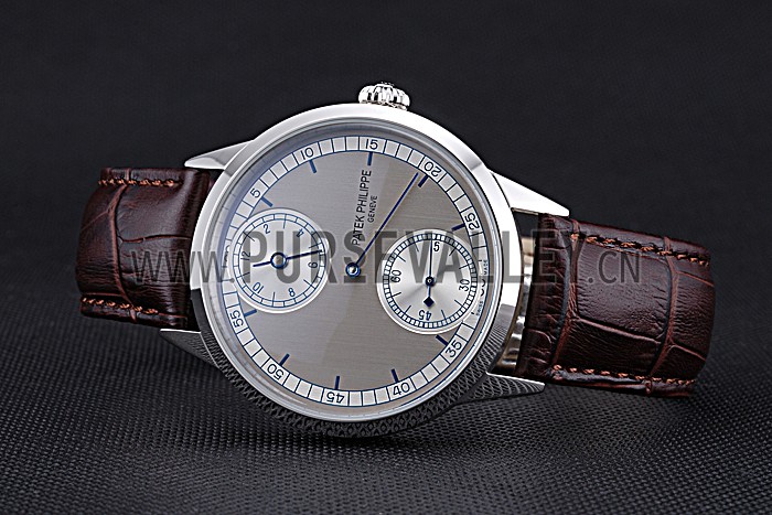 Patek Philippe Geneve Two Dial Gray Dial Stainless Steel Bezel Brown Leather Band 622147