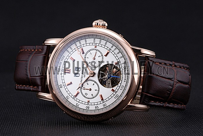 Patek Philippe Geneve Grand Complications White Dial Tourbillon Rose Gold Bezel Brown Band 622156