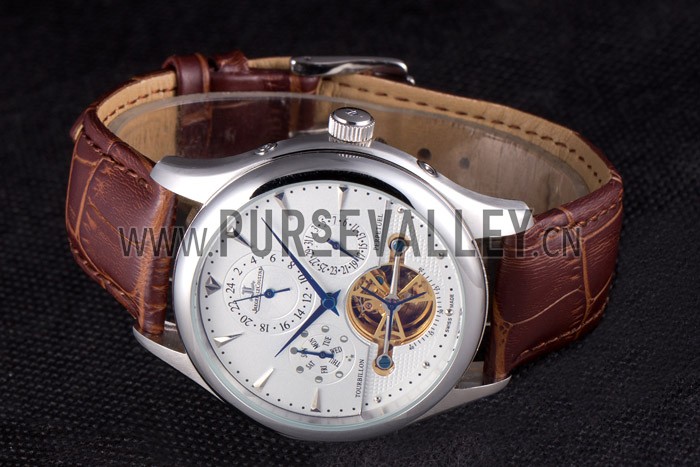 Jaeger Lecoultre Tourbillon Perpetuel Silver Bezel Brown Leather Band 621617