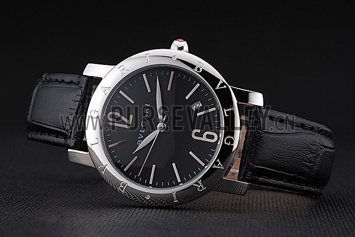 Bvlgari Black Dial Stainless Steel Case Black Leather Bracelet 622431