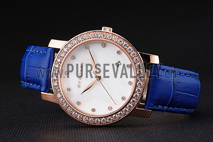 Bvlgari White Dial Diamond Case Blue Leather Bracelet 622438