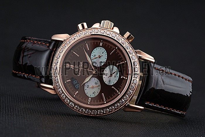 Omega De Ville Chronograph Brown Dial Gold Diamond Case Brown Leather Bracelet 622457