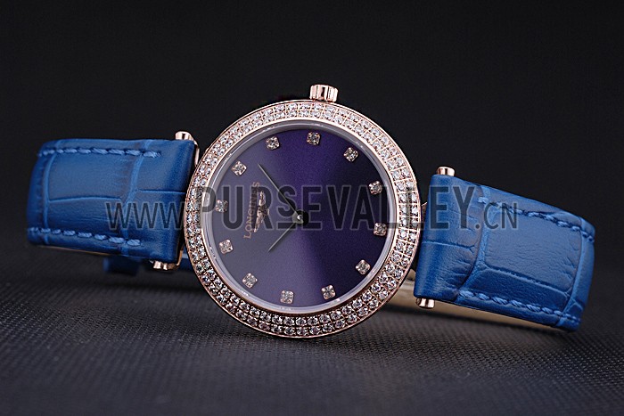 Longines La Grande Classique Blue Round Dial Diamond Case Diamond Numerals Blue Leather Band 622386