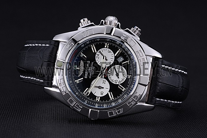 Breitling Chronomat 44 Black Dial with White Subdials Black Leather Bracelet 622511